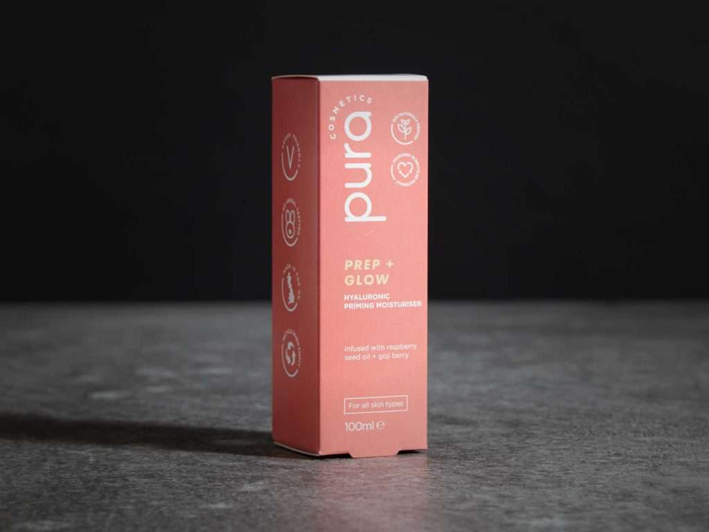 Pura Cosmetics Prep + Glow Hyaluronic Priming Moisturiser cosmetics packaging printed by Hart & Clough